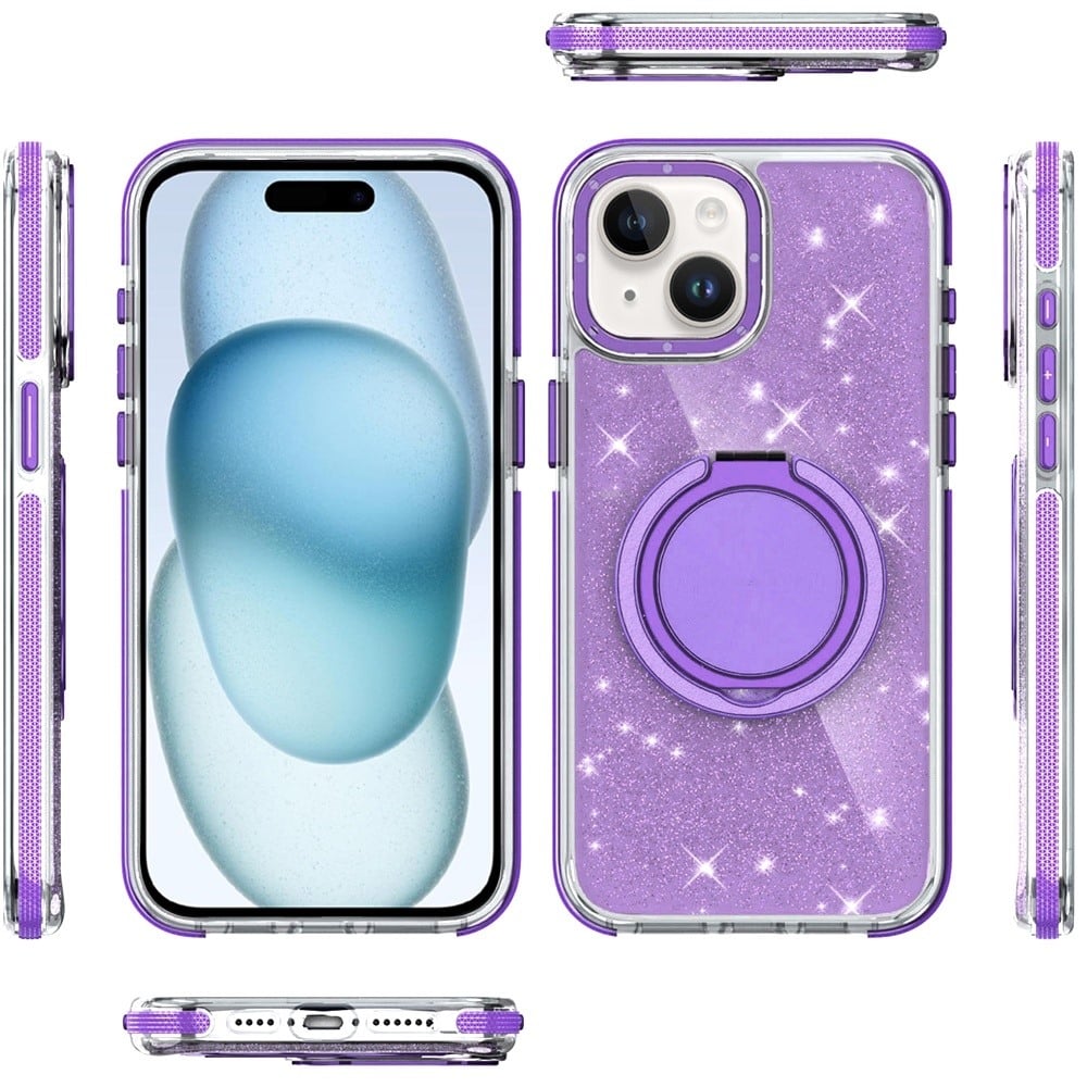 For iPhone 15 Plus (6.7") Slim Bling Glitter Sparkly Shimmer Hybrid with Magnetic Ring and 360° Rotational Stand [Compatible with Magsafe] Case Cover