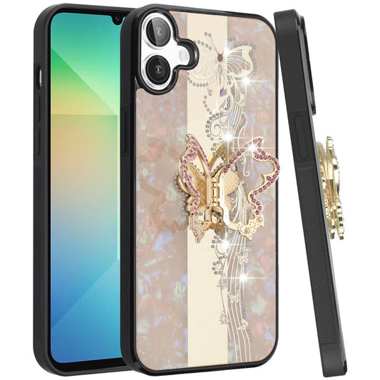 For Samsung Galaxy A06 Diamonds 3D Butterfly Bling Sparkly Glitter Ornaments Engraving Hybrid with Ring Stand Fashion Case Cover Enchanted Butterfly Gold
