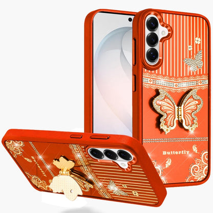 For Samsung Galaxy S26 Glitter 3D Butterfly Design Bling Metallic Edge Hybrid Stand Drop Protection TPU Shockproof Case Cover Cosmic Orange