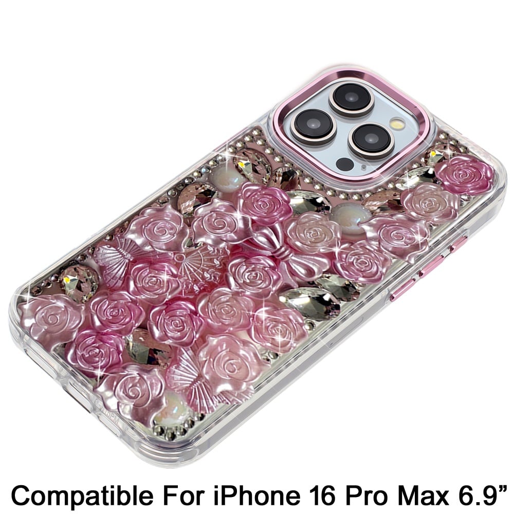 For iPhone 16 Pro Max (6.9") Muti-Color Floral Fashion Bling Crystal 3D Full Diamonds Stones Sparkle Rhinestone Glitter Hybrid Case Cover