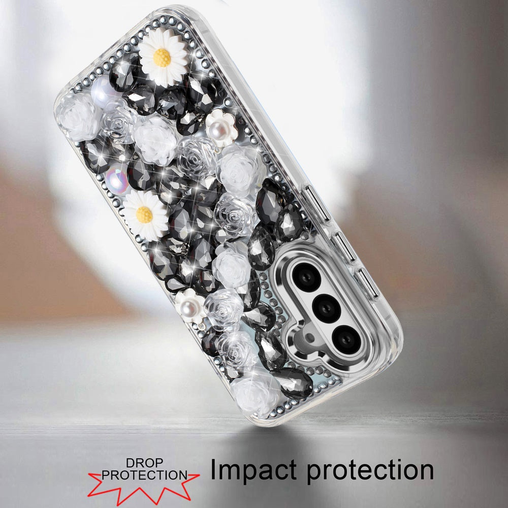 For Samsung Galaxy S23 Fashion Daisy Floral Series, Full 3D Bling Crystal Diamonds Sparkling Rhinestone Glitter Hybrid Design Case Cover Black