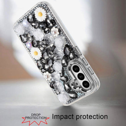For Samsung Galaxy S23 Fashion Daisy Floral Series, Full 3D Bling Crystal Diamonds Sparkling Rhinestone Glitter Hybrid Design Case Cover Blue