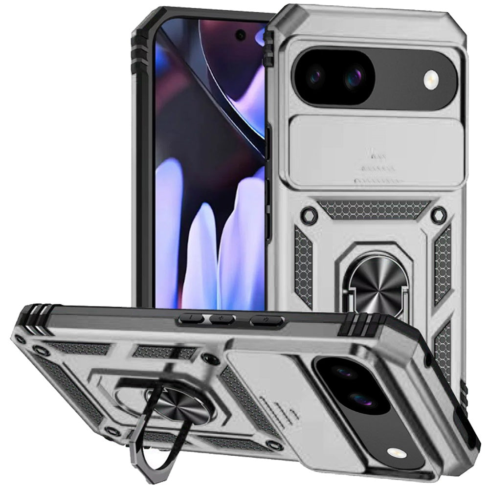 For Google Pixel 9A Hybrid Ring Shockproof with 360° Rotate Ring Kickstand, Camera Lens Protection, Soft Edge Bumper Case Cover