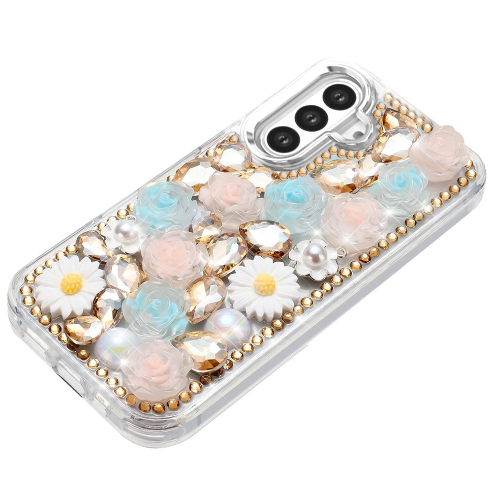 For Samsung Galaxy S25 /S24 Fashion Daisy Floral Series, Full 3D Bling Crystal Diamonds Sparkling Rhinestone Glitter Hybrid Design Case Cover