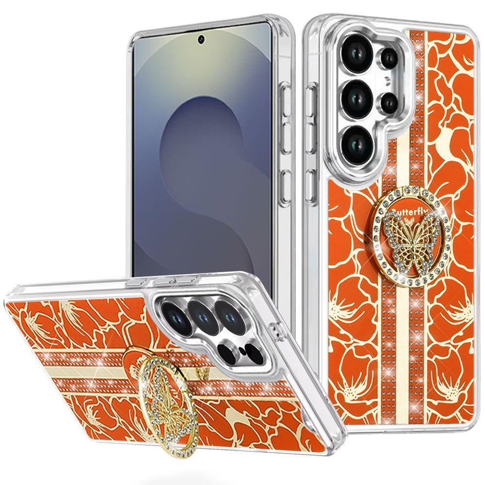 For Samsung Galaxy S25 Ultra Diamonds 3D Butterfly Floral Design Bling Sparkly Glitter Hybrid Metal Fashion with Ring Stand Case Cover Cosmic Orange