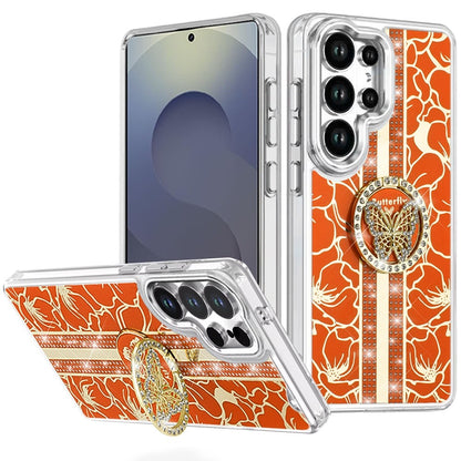 For Samsung Galaxy S25 Ultra Diamonds 3D Butterfly Floral Design Bling Sparkly Glitter Hybrid Metal Fashion with Ring Stand Case Cover Cosmic Orange