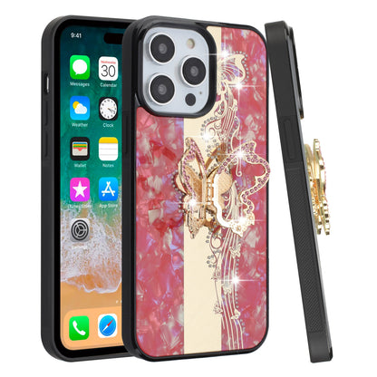 For Apple iPhone 16 Pro Max (6.9") Diamond Bling Sparkly 3D Back Ornaments Engraving Hybrid with Stand Fashion Case Cover Enchanted Butterfly Red