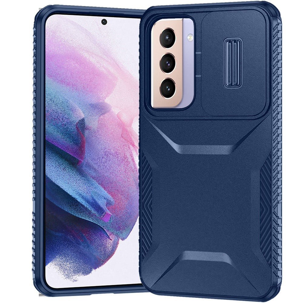 For Samsung Galaxy S21 Slim Fit Shockproof Hybrid with Slide Camera Window Covering, Rugged Tpu Silicone Hard PC Bumper Case Cover Dark Blue