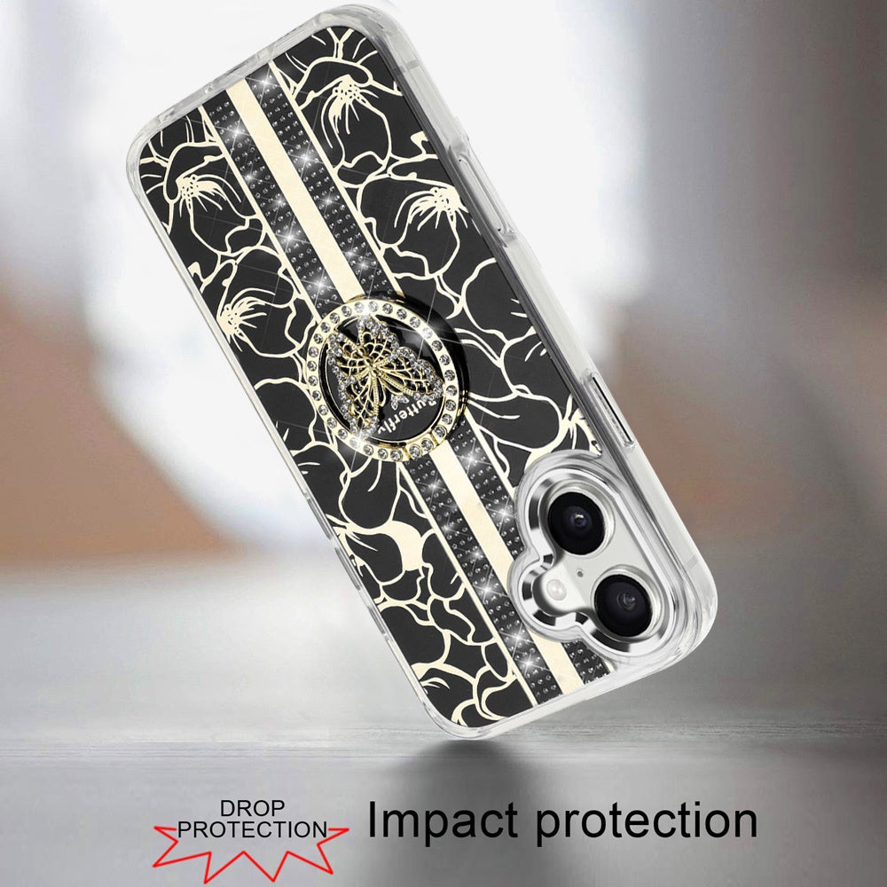 For iPhone 16 (6.1") Diamonds 3D Butterfly Floral Design Bling Sparkly Glitter Hybrid Metal Fashion with Ring Stand Case Cover