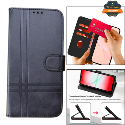 For Samsung Galaxy A17 5G Vegan Lines Leather Wallet Case with Credit Card Slot Pouch Flip, Magnetic Closure folio design Case Cover