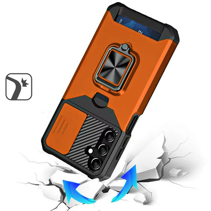 For Samsung Galaxy A16 5G Wallet Case with Ring Stand & Slide Camera Cover Back Credit Card Slot Holder, Military Grade Case Cover Cosmic Orange