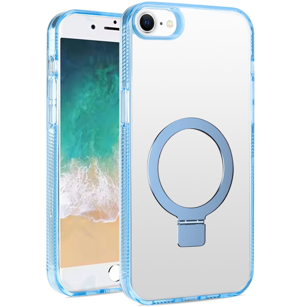 For Apple iPhone 17E /16E Transparent Magnetic Ring Circle Stand with MagSafe Compatible Hybrid Dotted Edged Hard PC Shockproof Case Cover Light Blue