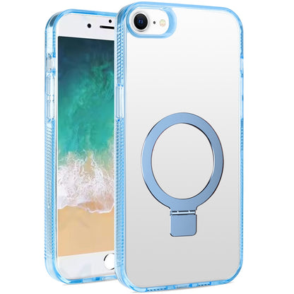 For Apple iPhone 17E /16E Transparent Magnetic Ring Circle Stand with MagSafe Compatible Hybrid Dotted Edged Hard PC Shockproof Case Cover Light Blue