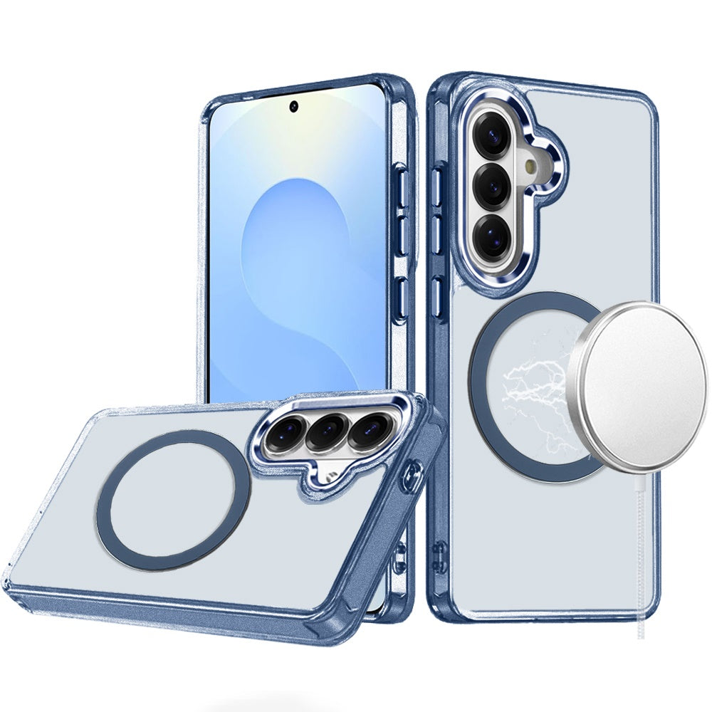 For Samsung Galaxy S25 /S24 Transparent Back Hybrid Case - Magnetic Circle, Color Frame, Metal Buttons, MagSafe Compatible Case Cover