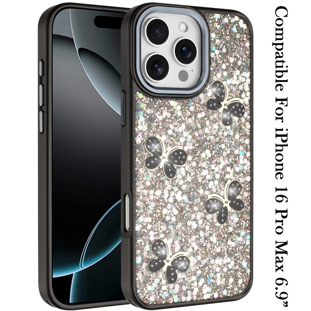 Phone Case for Apple iPhone 16 Pro Max Cute Butterfly Diamond Glitter Metallic Hybrid Shockproof Shimmer Grip Stylish Protective Luxury Designer Cover