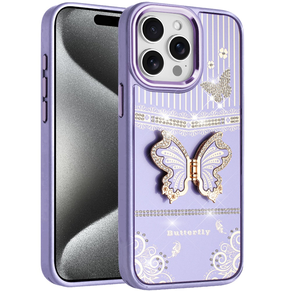 Phone Case for iPhone 15 Pro Max (6.7") Glitter Bling Butterfly Stand Metallic Edge Hybrid Shockproof Grip Durable Camera Protection Stylish Design Cover