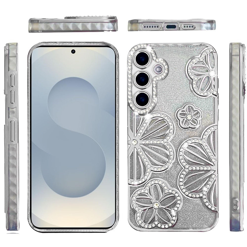 For Samsung Galaxy S26 Luxury Flower Design Sparkle Glitter Diamond Rhinestone Shimmer Bling Plating Thick TPU Hard PC Case Cover