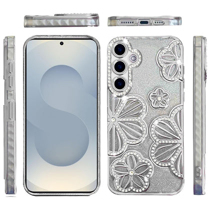 For Samsung Galaxy S26 Luxury Flower Design Sparkle Glitter Diamond Rhinestone Shimmer Bling Plating Thick TPU Hard PC Case Cover