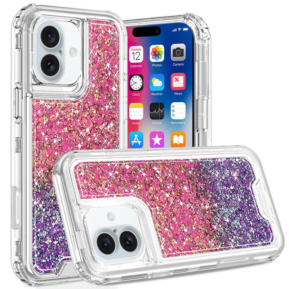 For Samsung Galaxy A16 5G Epoxy Bling Glitter Sparkly 3in1 Shockproof Transparent Hybrid Shockproof Full Body PC Bumper Case Cover Hot Pink + Purple