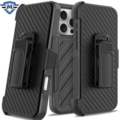 For Apple iPhone 16 Pro (6.3") Premium Design Hybrid lined with Belt Clip Holster Shockproof Rugged Textured 2in1 Non Slip Tough Case Cover Black