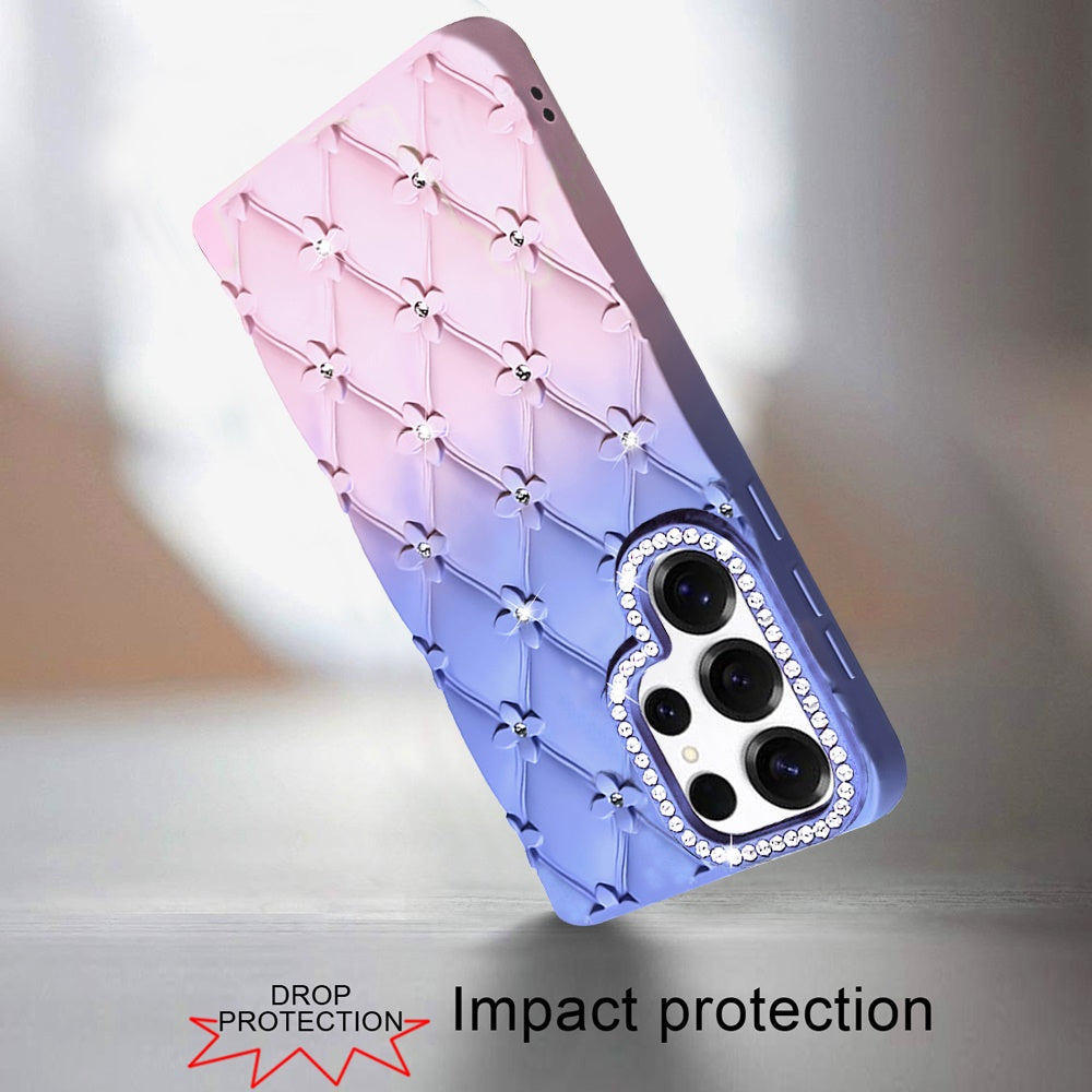 For Samsung Galaxy S25 Ultra Fashion Flower Design Sparkle Glitter Shimmer Rhinestone Bling Floral Accents, Leather Texture TPU Case Cover Light Blue/Light Pink