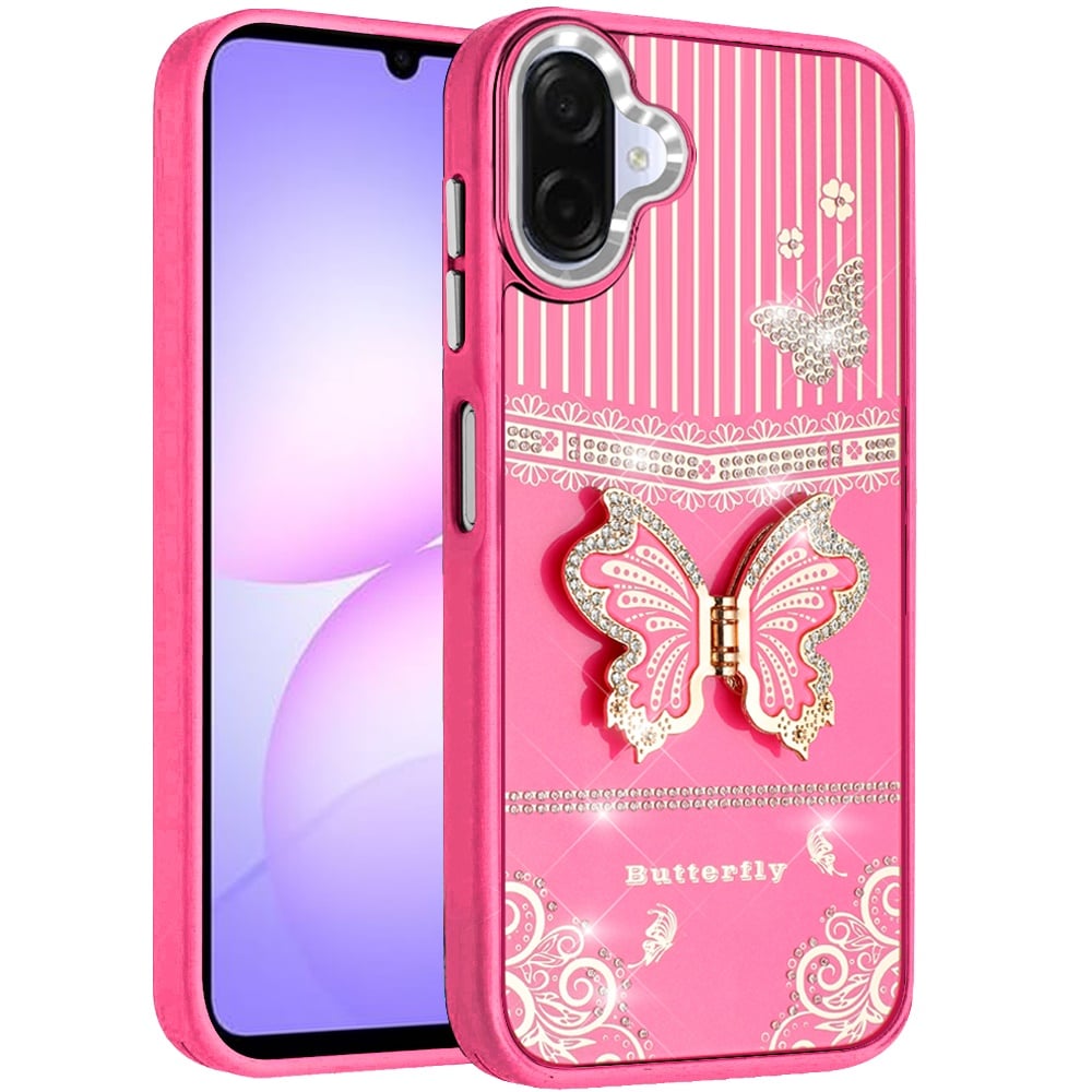 For Samsung Galaxy A07 Glitter 3D Butterfly Design Bling Metallic Edge Hybrid Stand Drop Protection TPU Shockproof Case Cover