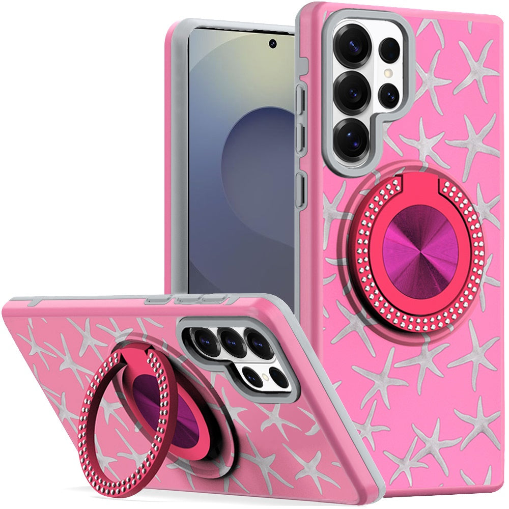 For Samsung Galaxy S26 Ultra Pattern Design Hybrid with Invisible Ring Stand & Magnetic Back, Shockproof Protective Grip Case Cover