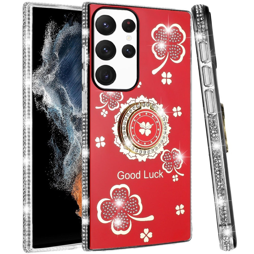 For Samsung Galaxy S22 Ultra Diamonds Bling All Around Edges Sparkly Glitter Hybrid Ring Stand Holder Fashion Good Luck Case Cover