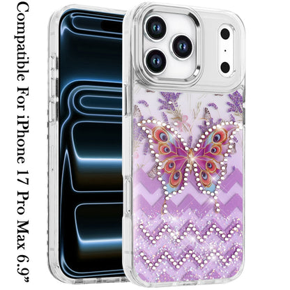 For Apple iPhone 17E /16E Butterfly Resin Epoxy Diamond Design Metal Edged Hybrid Shockproof Heavy Duty Drop Protection Case Cover