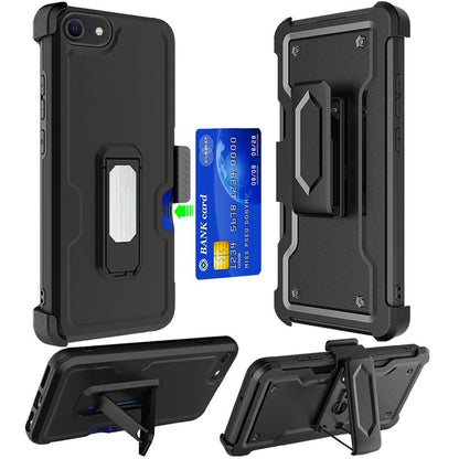 For Apple iPhone SE 3 (2022) SE/8/7 Full-Body Hybrid Heavy Duty Armor Case with Belt Clip Holster, Credit Card Holder & Kickstand Case Cover Black
