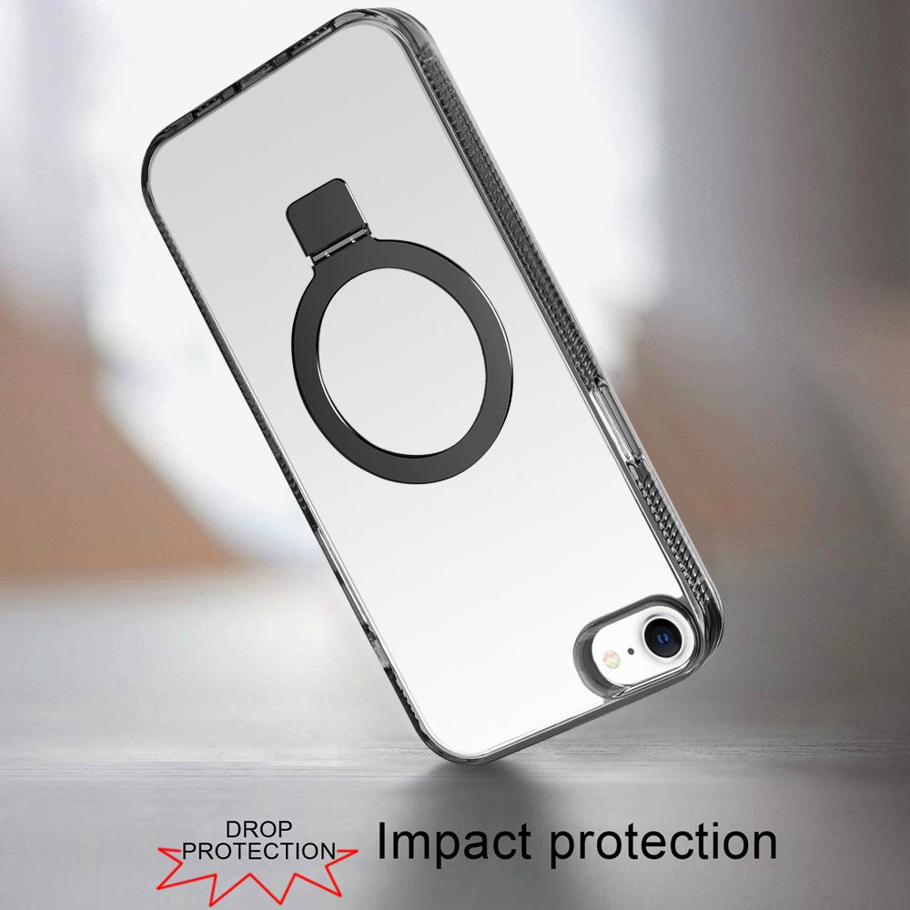 For Apple iPhone 17E /16E Transparent Magnetic Ring Circle Stand with MagSafe Compatible Hybrid Dotted Edged Hard PC Shockproof Case Cover Black