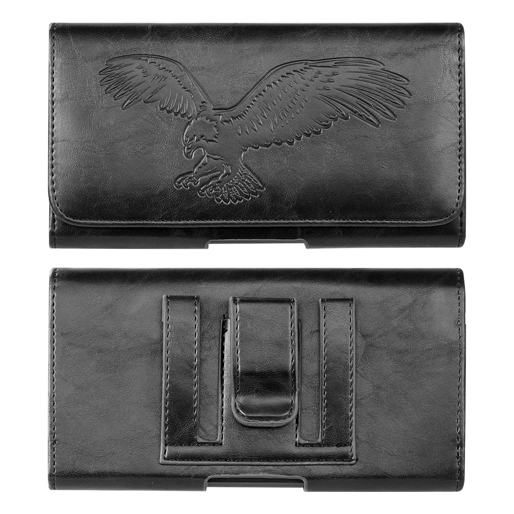 For Apple iPhone 16 Pro (6.3") Universal Horizontal Leather Phone Case with Embossed American Eagle Pouch Belt Clip Holster & Magnetic Pouch [Black]