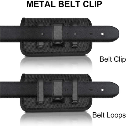 For Apple iPhone 16 (6.1") Nylon Canvas Fabric Waist Belt Holster Horizontal Pouch Holds Large Phone Works with Thick Cases Universal Cover [Black]