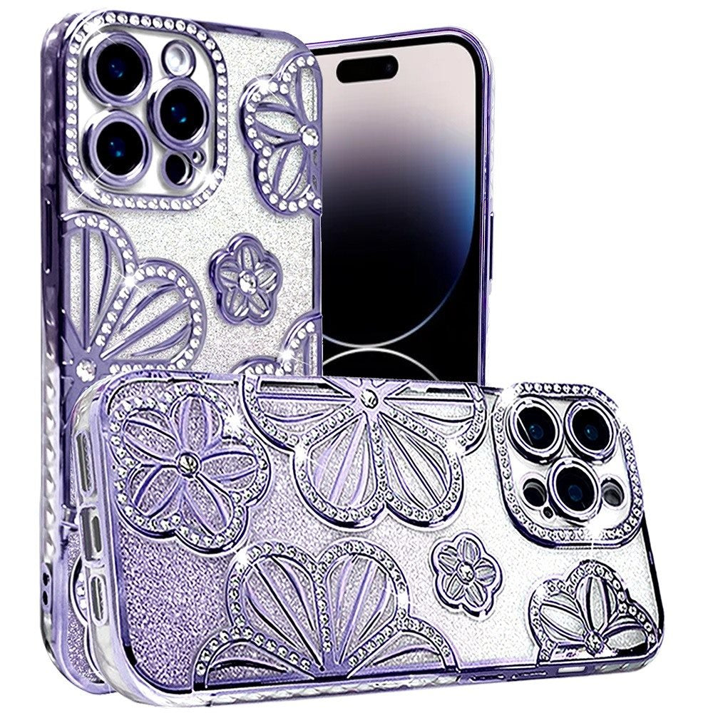 For Apple iPhone 13 Pro Max Luxury Floral Design Sparkle Glitter Diamond Crystal Rhinestone Shimmer Bling Plating Thick TPU Hard PC Case Cover