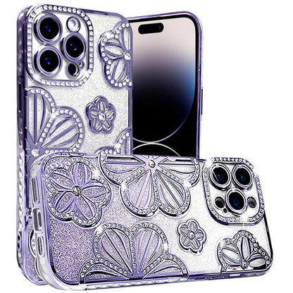 For Apple iPhone 13 Pro Max Luxury Floral Design Sparkle Glitter Diamond Crystal Rhinestone Shimmer Bling Plating Thick TPU Hard PC Case Cover