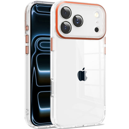 For Apple iPhone 17 (6.3") Transparent Clear Hybrid with Matching Metal Buttons and Camera Protection Hard PC + TPU Rubber Case Cover Cosmic Orange