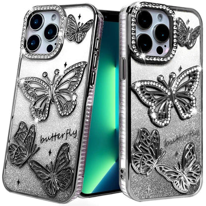For Apple iPhone 13 Pro Luxury Butterfly Sparkle Glitter Diamond Crystal Rhinestone Shimmer Bling Plating Thick TPU Hard PC Case Cover