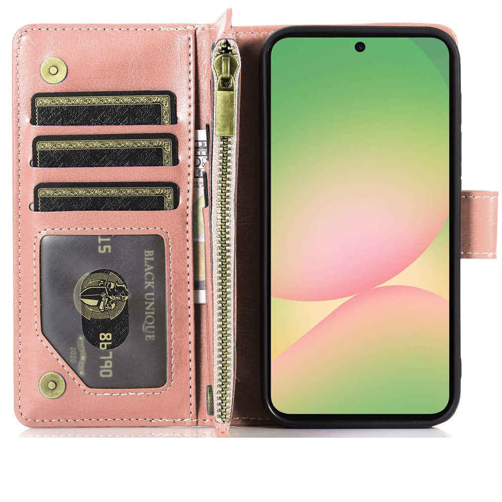 For Samsung Galaxy A57 Leather Wallet Case with Zipper, 9 Card Slots, Cash Pocket, Stand & Strap, Clutch Pouch Design Case Cover Rose Gold