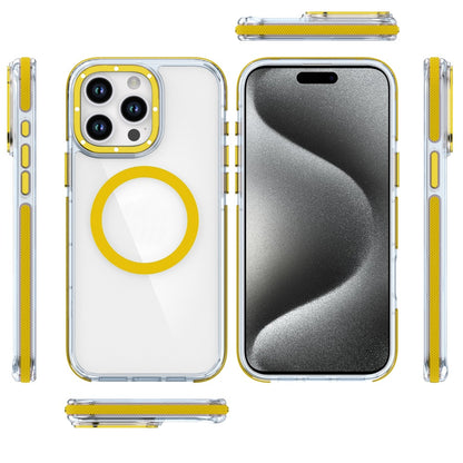 For Apple iPhone 16 (6.1") Transparent back with Colorful Frame Strong Magnetic Circle [Compatible with Magsafe] Slim Shockproof Case Cover Clear Yellow