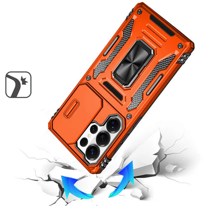 For Samsung Galaxy S26 Ultra Tough Hybrid Case with Movable Camera Window & Metal Ring Stand Shockproof Case Cover