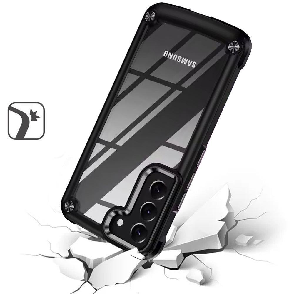 For Samsung Galaxy S22 Hybrid Transparent Rubber with Metal Buttons & Camera Edges Hard TPU Corner Frame Bumper Case Cover