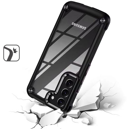 For Samsung Galaxy S22 Hybrid Transparent Rubber with Metal Buttons & Camera Edges Hard TPU Corner Frame Bumper Case Cover