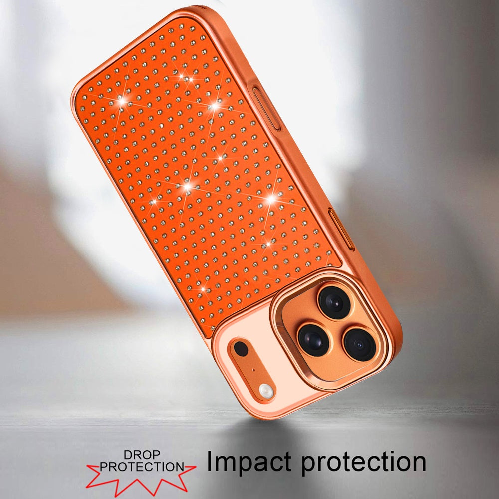 Phone Case for Apple iPhone 17 Pro Max (6.9") Luxury Diamond Bling Sparkle Chrome Metallic Edge Shockproof Durable Protective Stylish Premium Hybrid Design Cover Cosmic Orange