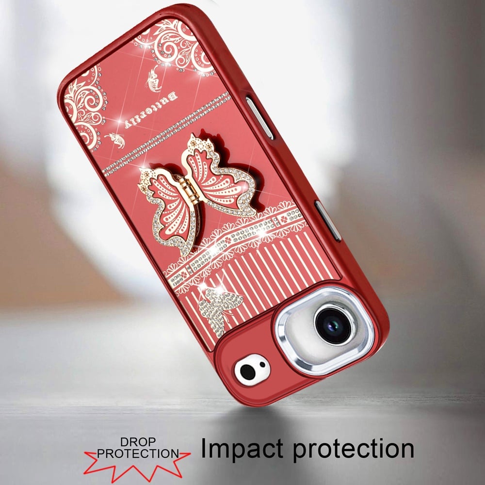 For Apple iPhone 17 Air (6.6") Glitter 3D Butterfly Design Bling Metallic Edge Hybrid Stand Drop Protection TPU Shockproof Case Cover