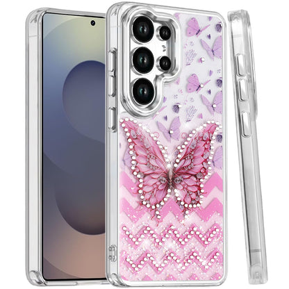 For Samsung Galaxy S25 Ultra Butterfly Resin Epoxy Diamond Design Metal Edged Hybrid Shockproof Heavy Duty Drop Protection Case Cover