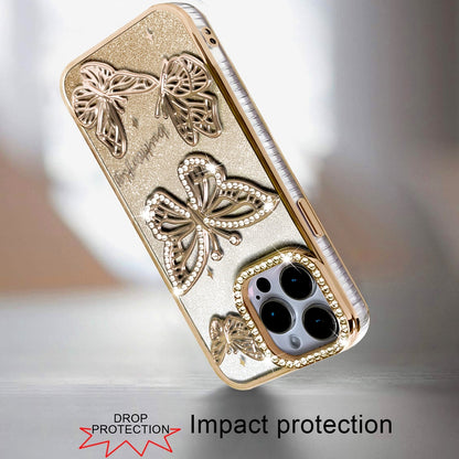 Phone Case for iPhone 15 Pro Max (6.7") Butterfly Freedom Shimmer Glitter Thick TPU Shockproof Anti Slip Durable Protective Design Cover Gold