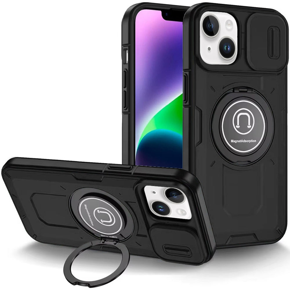 For Apple iPhone 16 Plus (6.7") Build in Invisible Magnetic Ring Stand with Slide Camera Protector, fit Magnetic Car Mount [Compatible with MagSafe] Case Cover