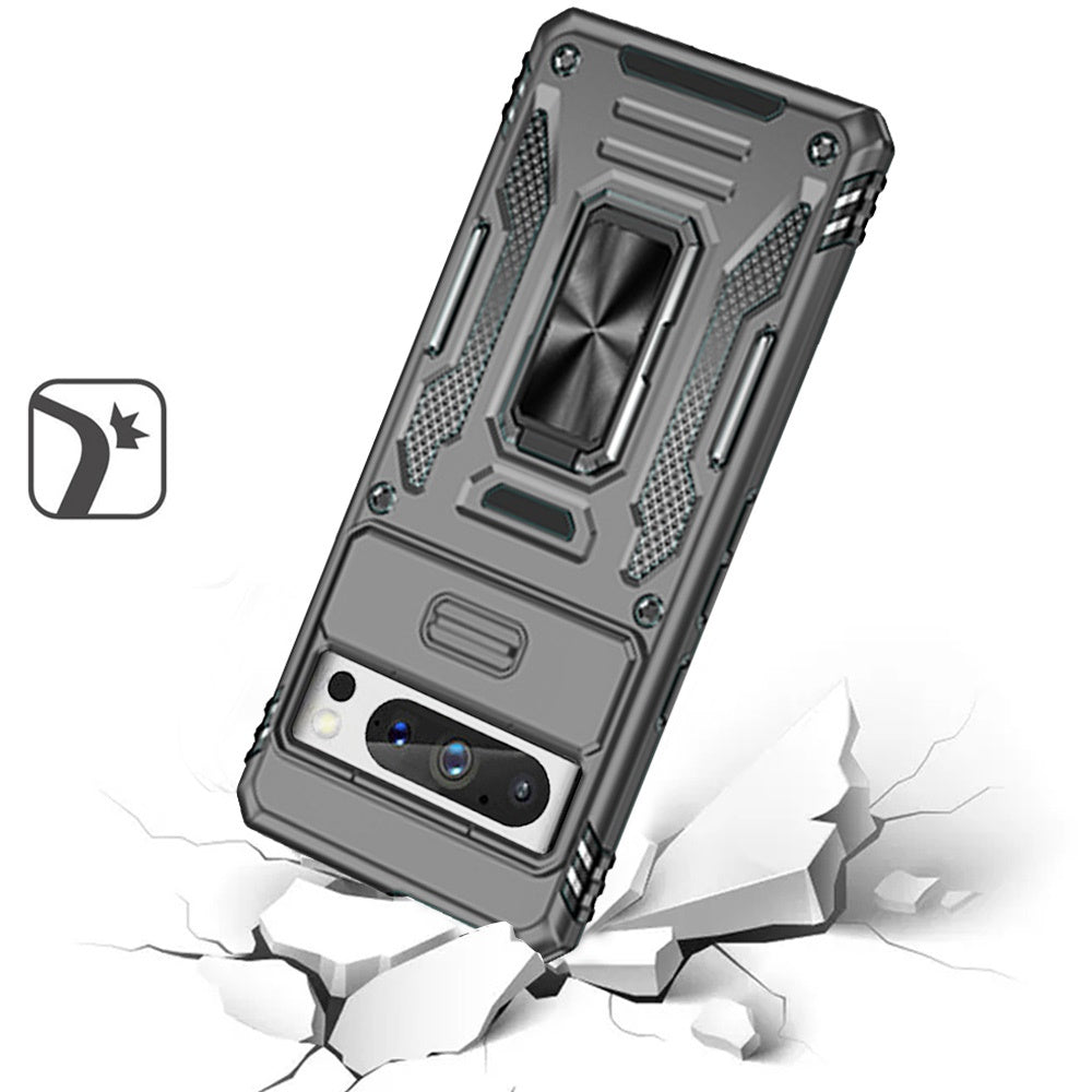 For Google Pixel 9 Pro XL Tough Hybrid Case with Movable Camera Window & Metal Ring Stand Shockproof Case Cover