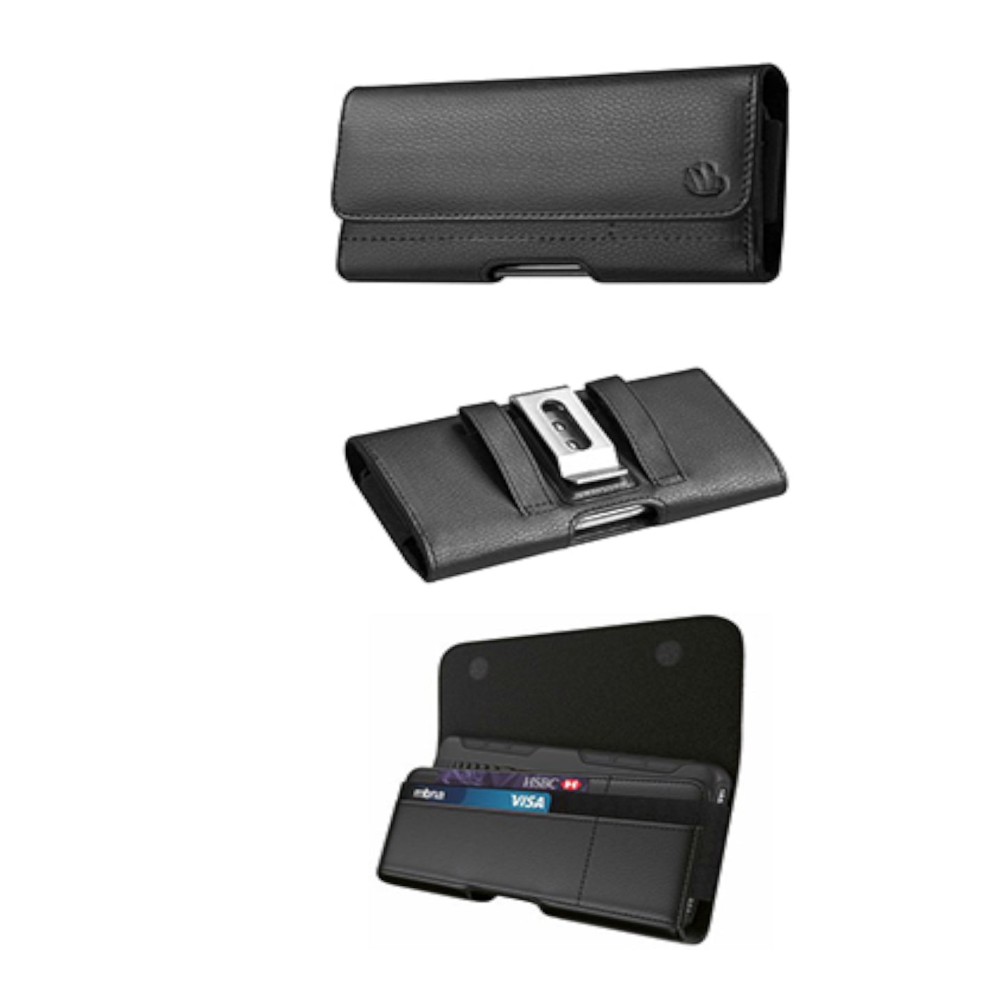 For Apple iPhone 16 (6.1") Universal Leather Horizontal Holster Pouch with Credit Card Slots Wallet & Belt Loop Clip Carrying (Fit up to 6.1" Screen) [Black]