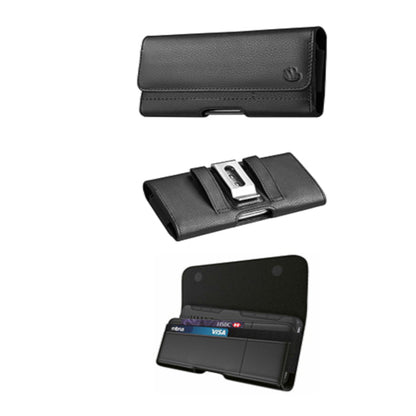 For Apple iPhone 16 Pro (6.3") Universal Leather Horizontal Holster Pouch with Credit Card Slots Wallet & Belt Loop Clip Carrying (Fit up to 6.7" Screen) [Black]